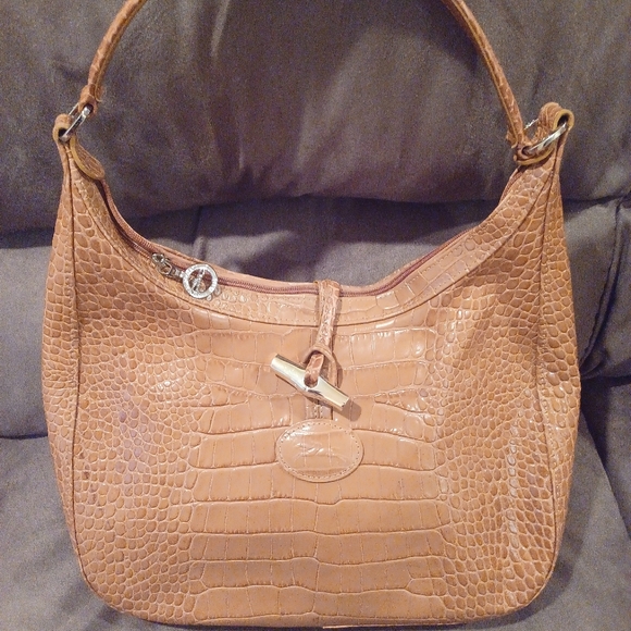 Longchamp Tan Croc Embossed Leather Handbag Shoulder Bag Purse Tote - Picture 1 of 9